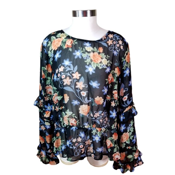 Forever 21+ Peplum Black Shirt Floral Print Women's Sheer Fabric Ruffles Size 3X - Picture 1 of 6